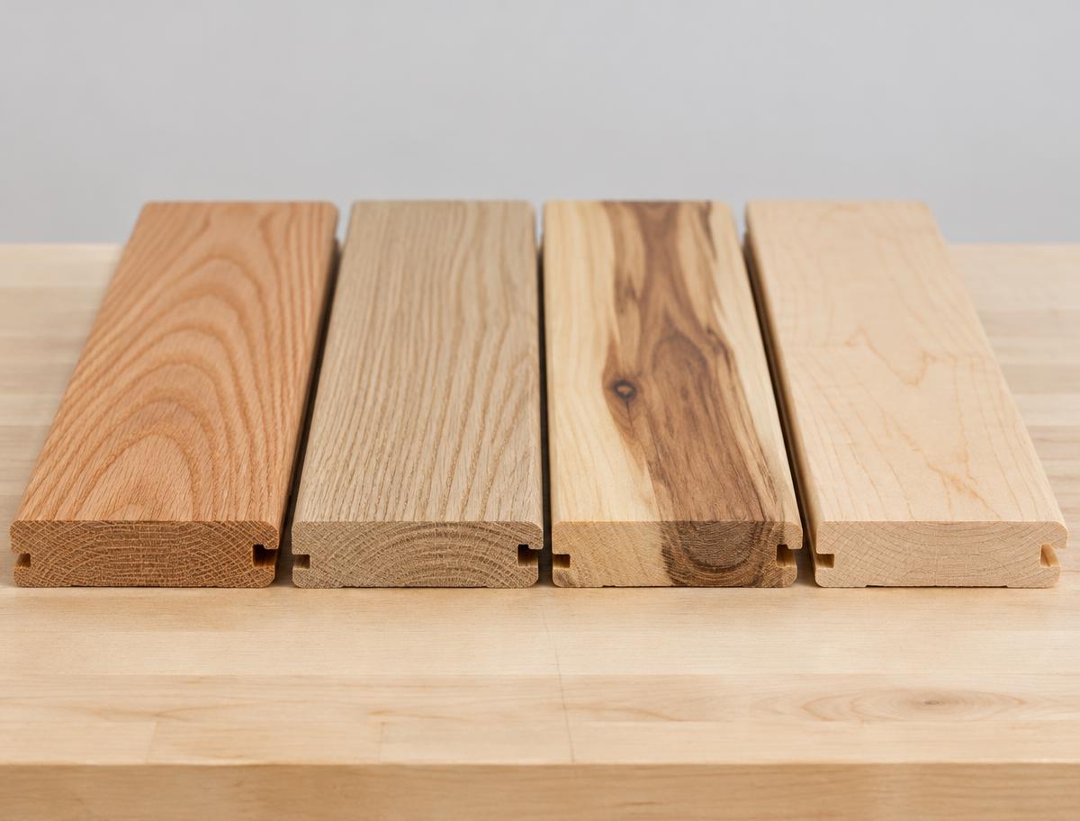 End profiles of red oak, white oak, hickory, and maple hardwood flooring boards